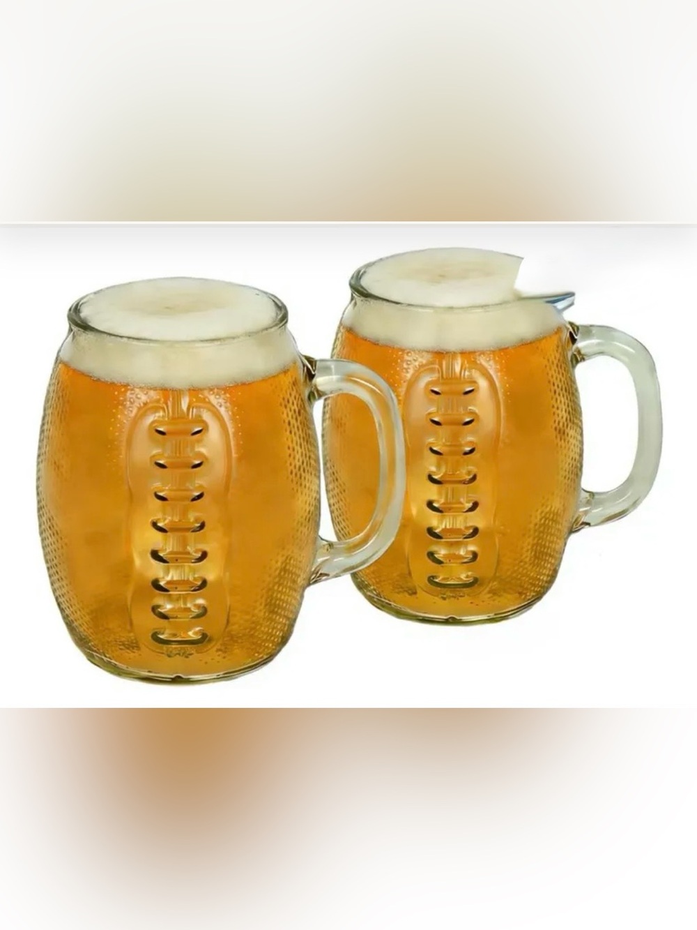 Set/2 clear glass 37-oz. Football-Shaped Beer Mugs. EUC